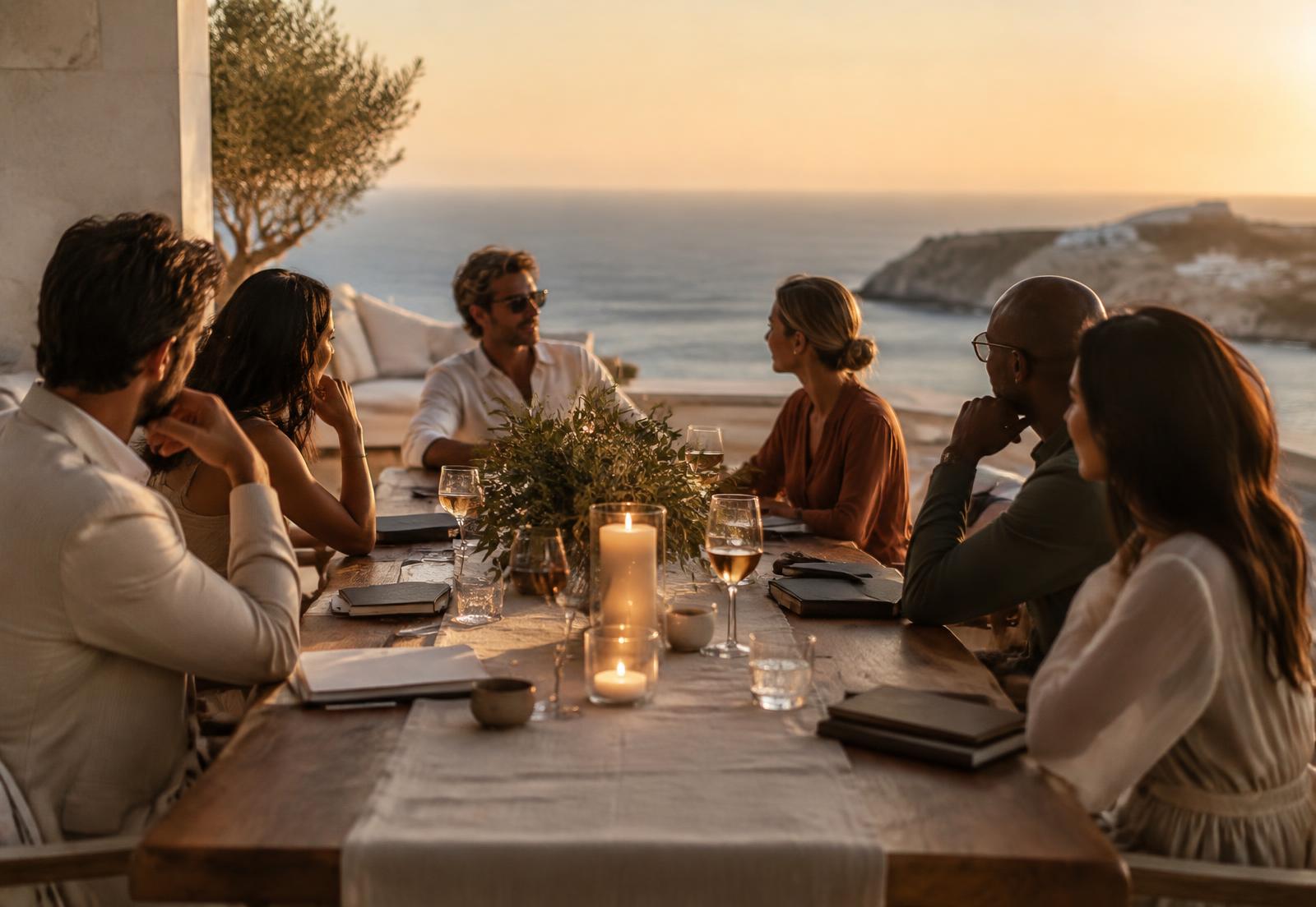 Mastermind members in conversation on an ocean terrace